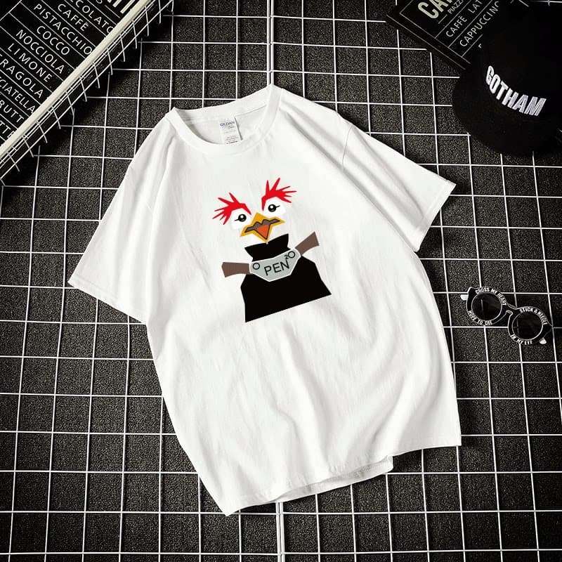 ロックンロールペンギンプリント半袖丸首上着