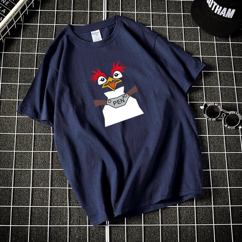 ロックンロールペンギンプリント半袖丸首上着