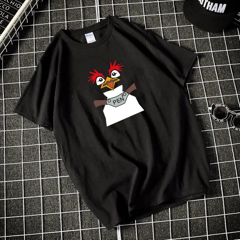 ロックンロールペンギンプリント半袖丸首上着